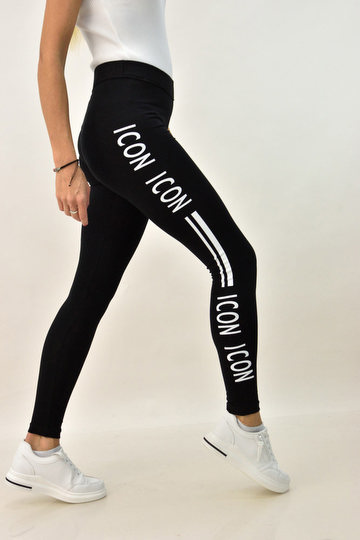 Γυναικείο ελαστικό κολάν με στάμπα στο πλάι 'icon' σε Μαύρο