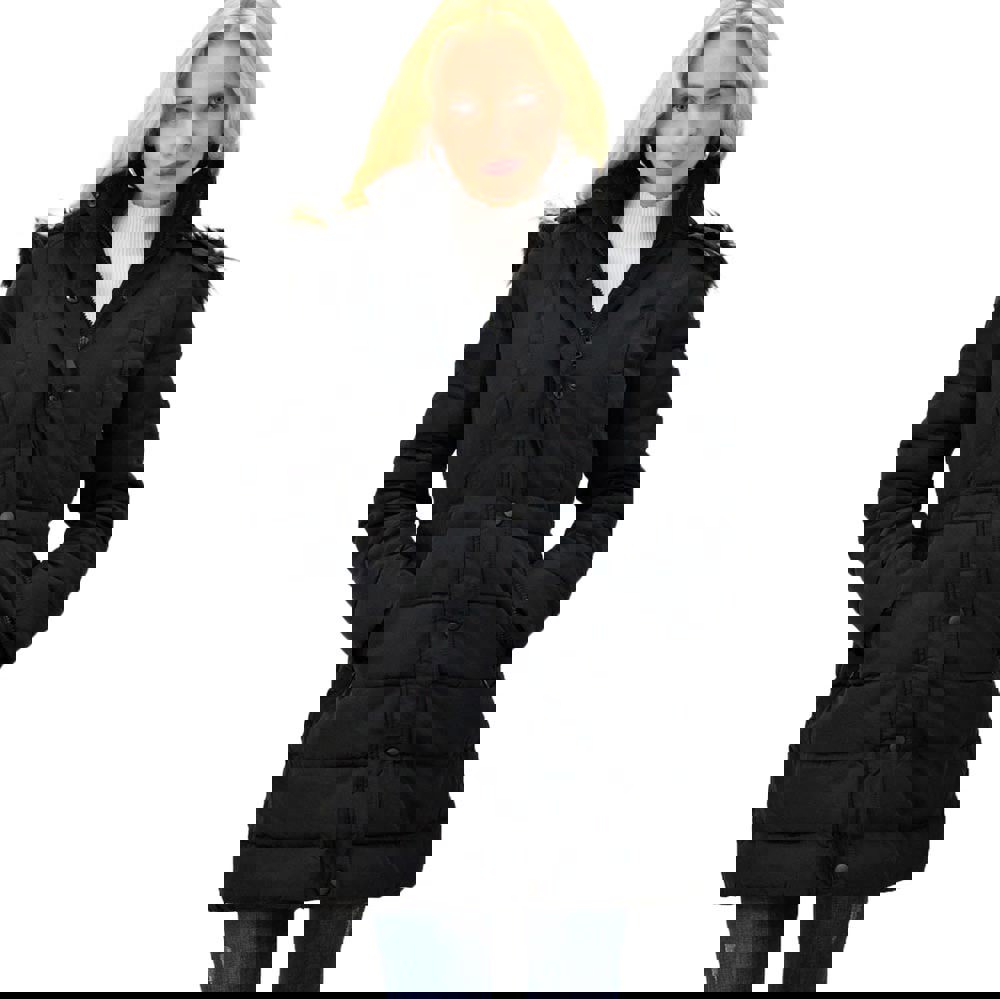 Γυναικείο μπουφάν με γούνα στην κουκούλα Μαύρο 9536