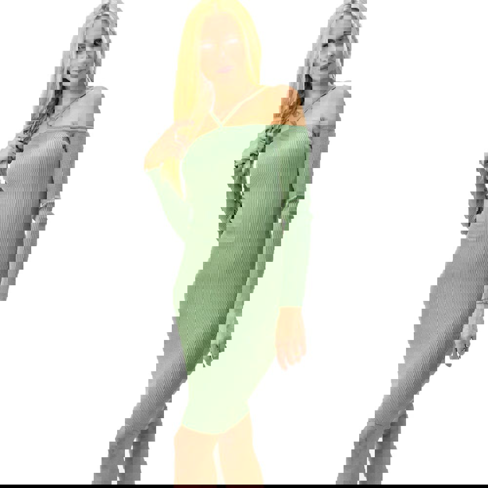 Γυναικείο Πλεκτό Φόρεμα Στράπλες με Τιράντες μακρυμάνικο Πράσινο 9001