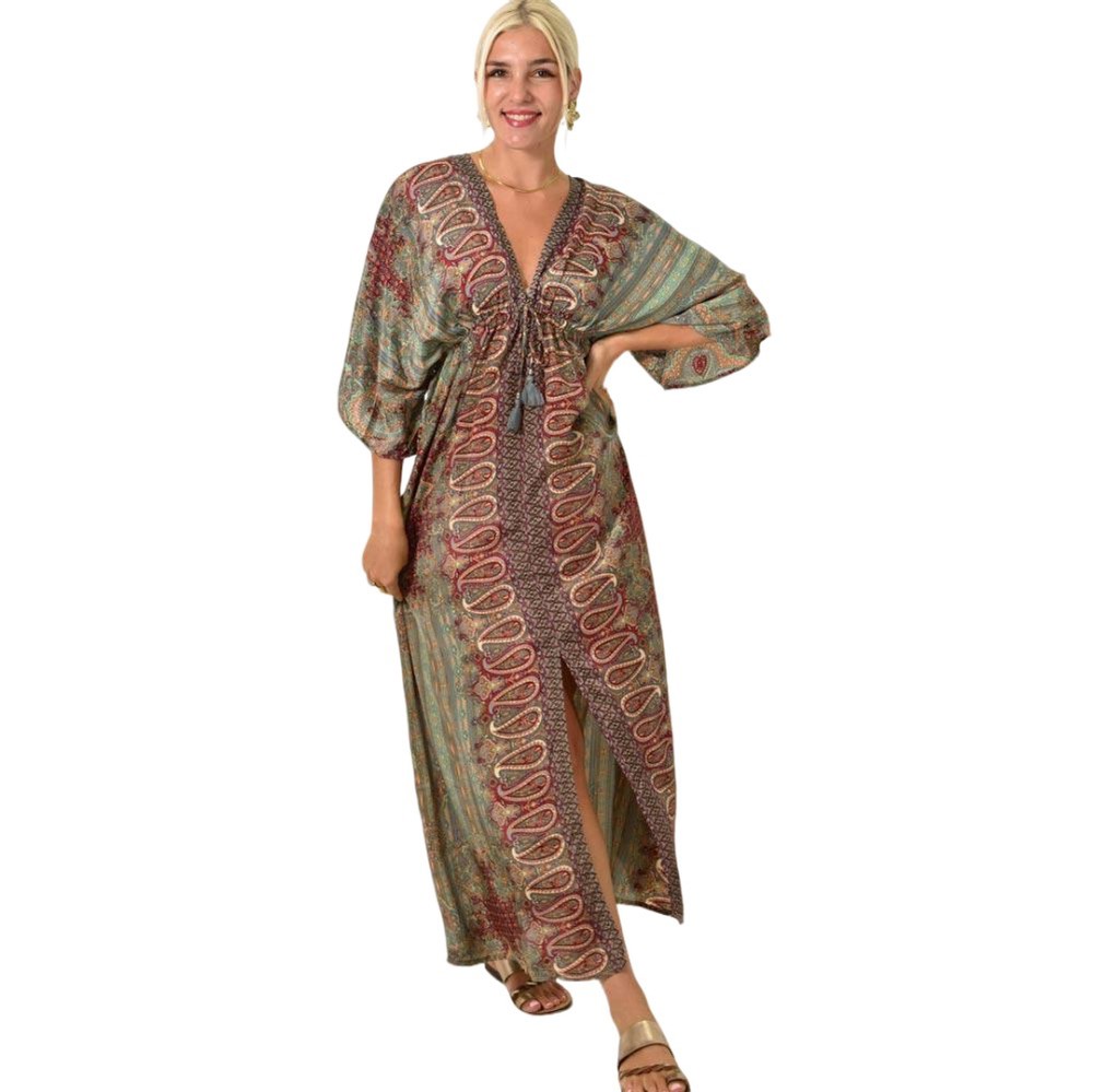 Εντυπωσιακό μακρύ φόρεμα με μοτίβο πέισλεϊ Μπορντώ 25472