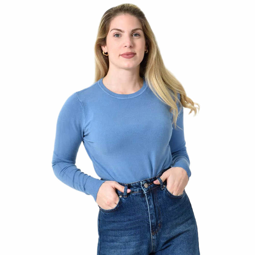 Πλεκτή Μπλούζα Ζέρσεϊ με Στρογγυλή Λαιμόκοψη Μπλε 27315