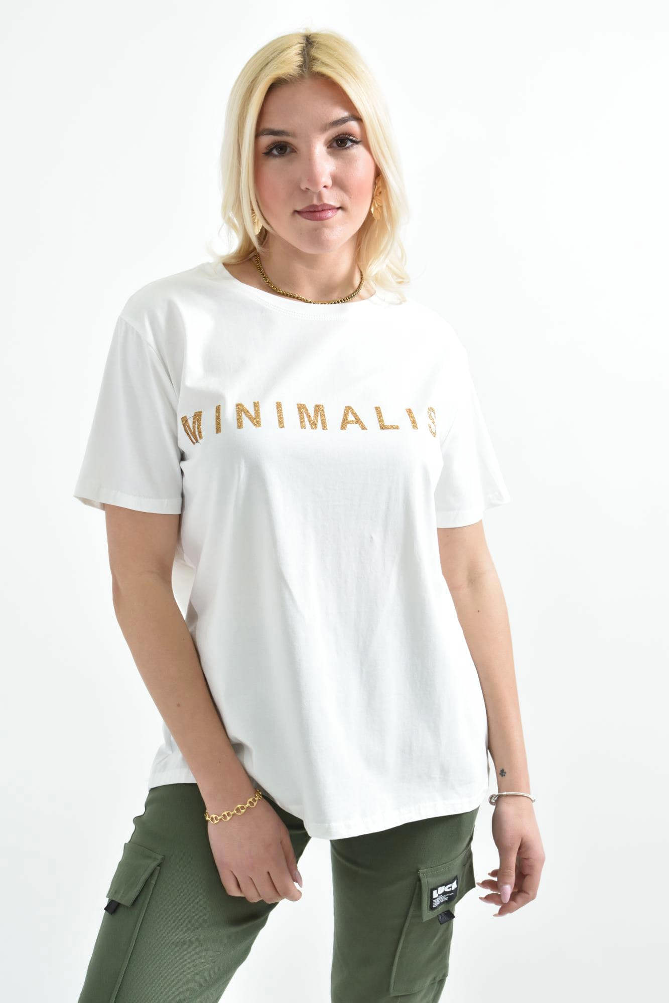 Γυναικείο T-shirt με χρυσό τύπωμα MINIMALIST Λευκό 26391