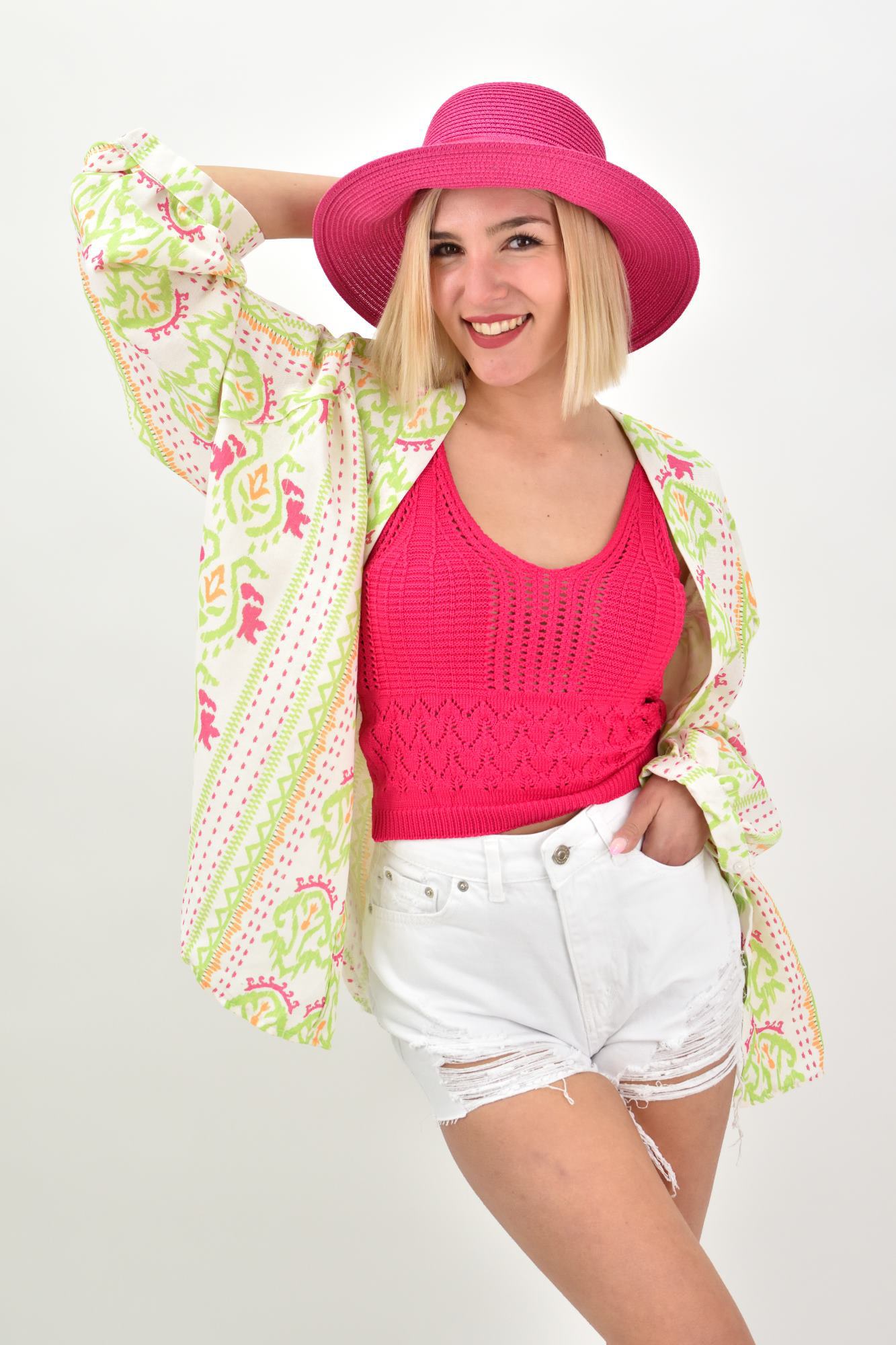 Γυναικείο boho πανωφόρι oversized Φούξια 19470