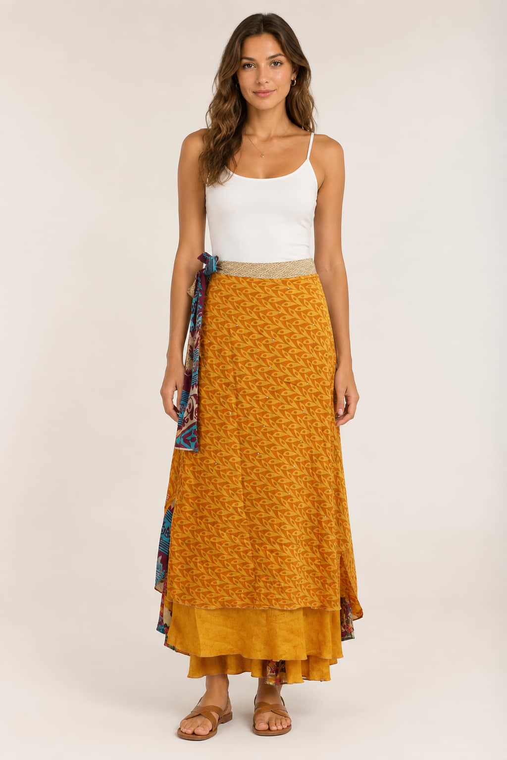 Μακριά Φούστα Boho με Εμπριμέ Σχέδια Μουσταρδί 27493