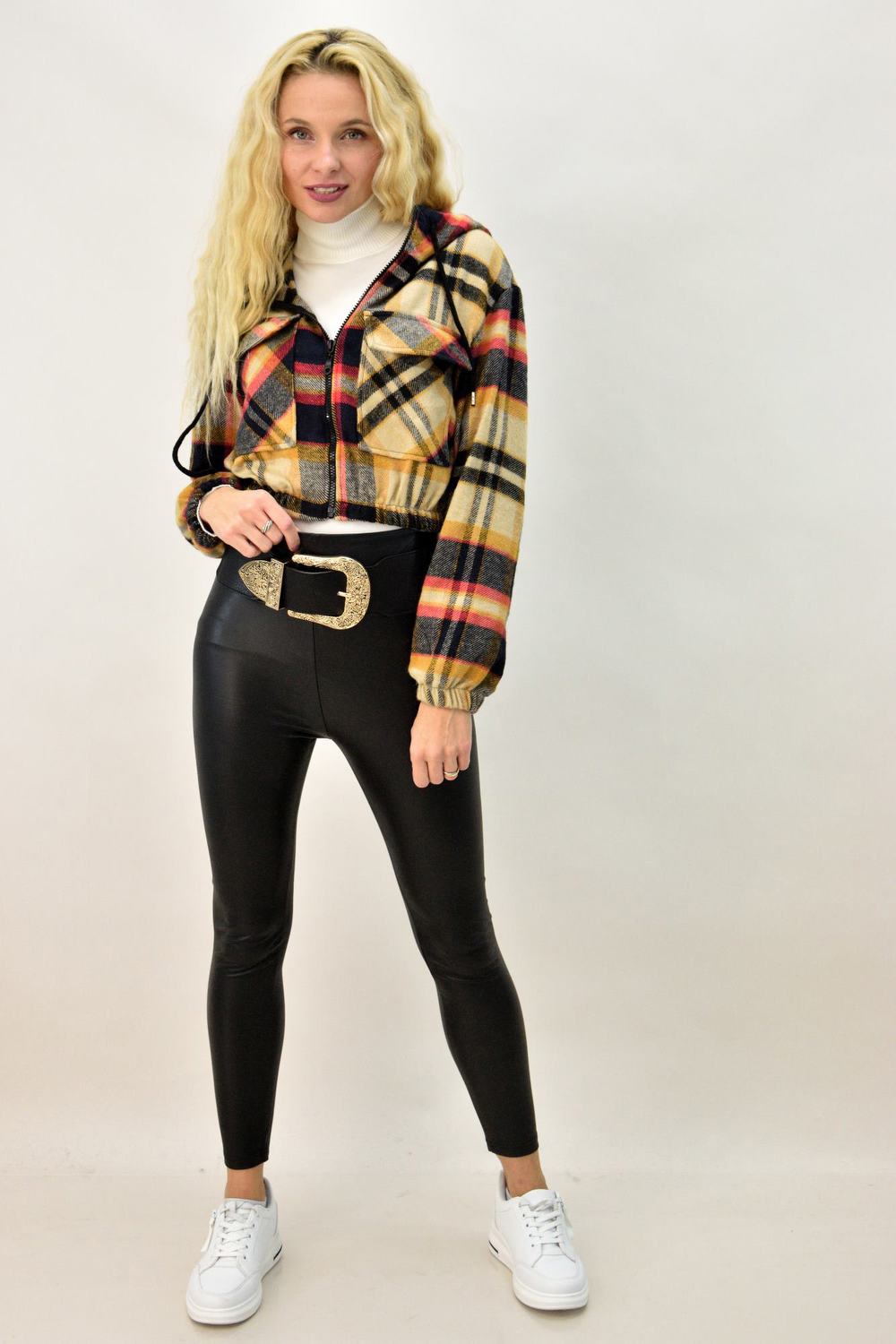 Γυναικεία καρό ζακέτα Μπεζ 8841 φωτογραφία