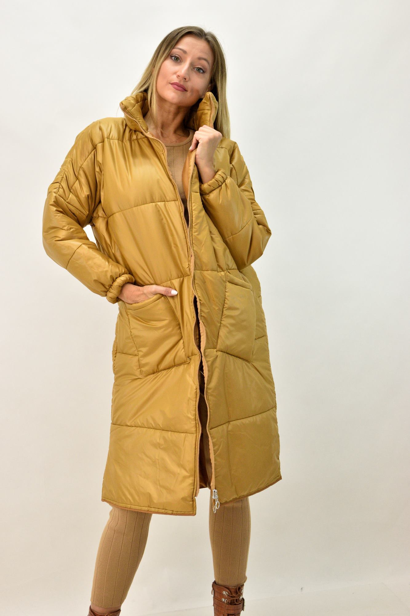 Γυναικείο μπουφάν oversized Μουσταρδί 9446