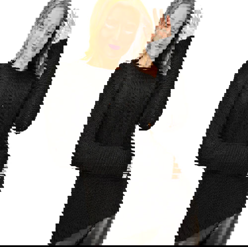 Γυναικείο πλεκτό πουλόβερ με σχέδιο πλεξούδες Μαύρο 9154