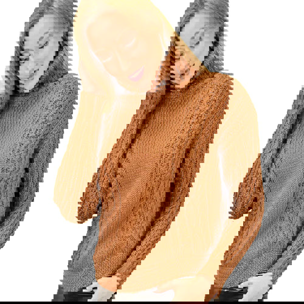 Γυναικείο πουλόβερ ζιβάγκο με σχέδιο πλεξούδες Καφέ 9357