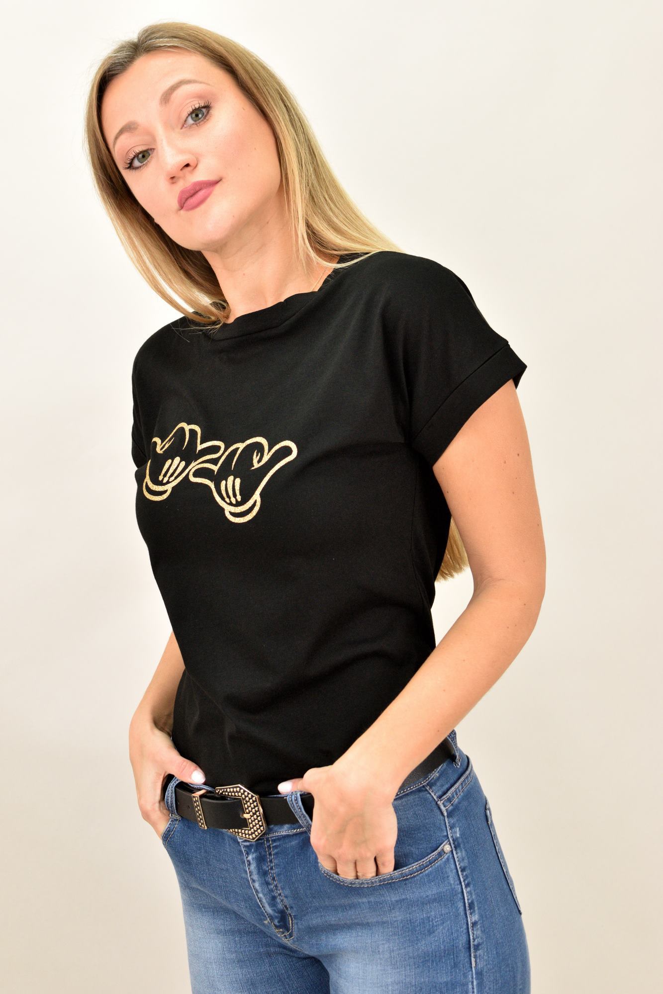 T-shirt με τύπωμα γάντια Μαύρο 9084