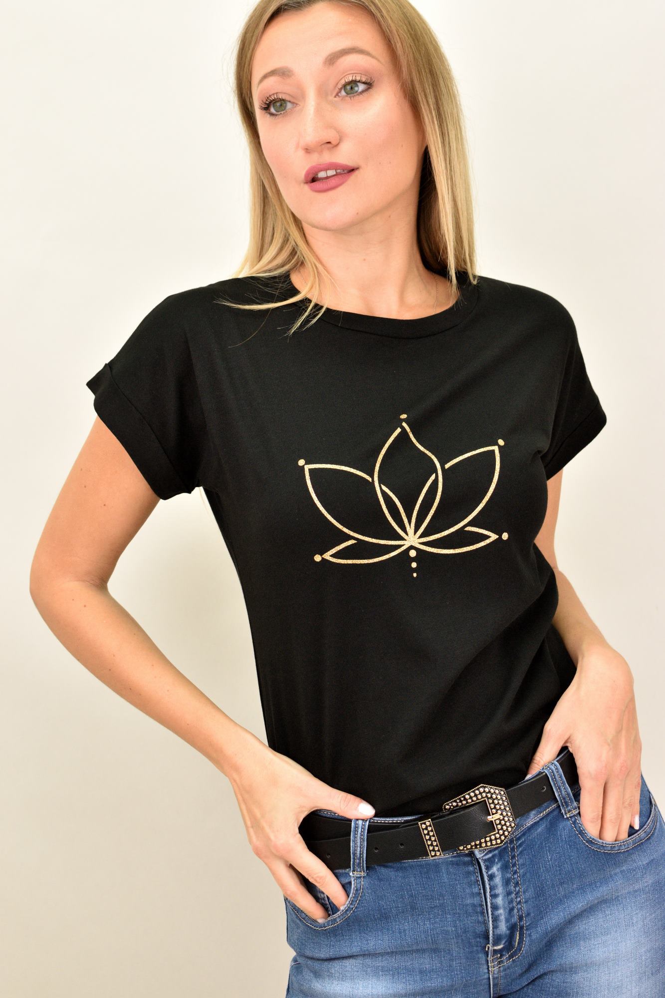 T-shirt με τύπωμα νούφαρο Μαύρο 9095