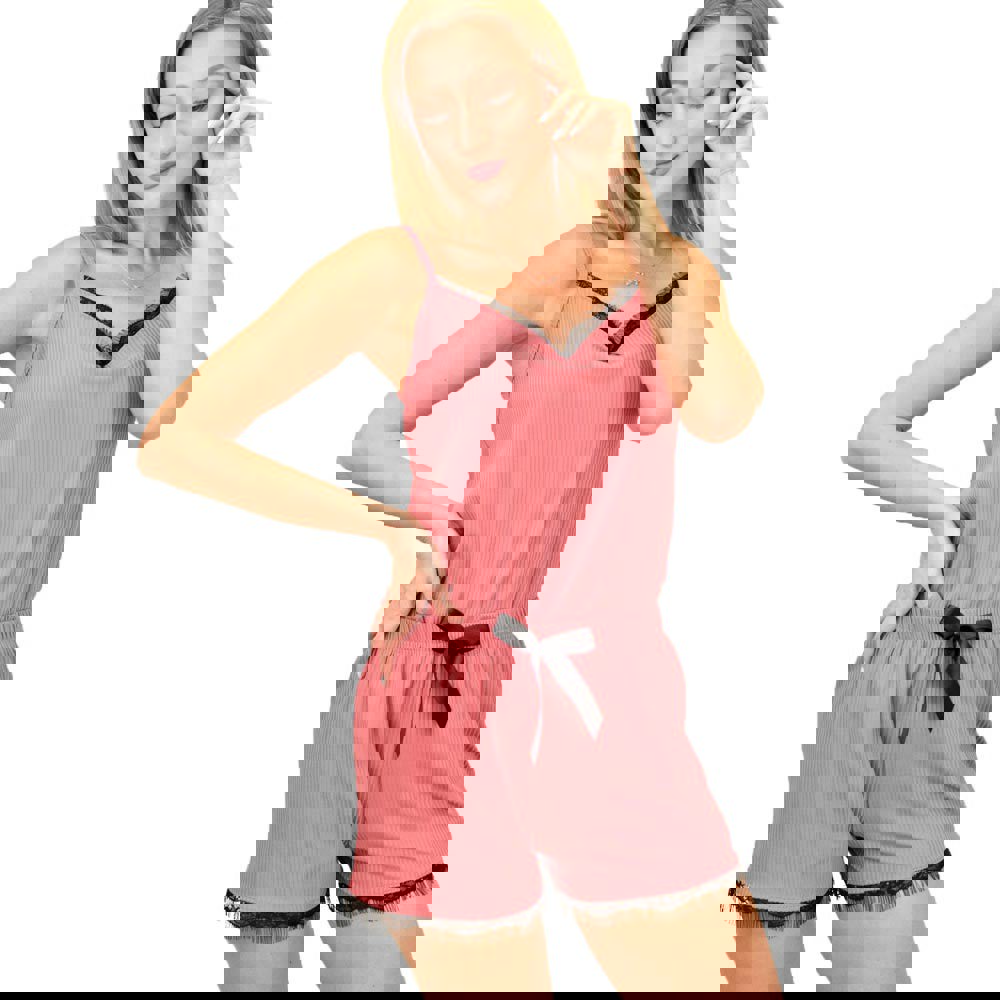 Γυναικεία πιτζάμα σετ με ρίγα και δαντέλα Σάπιο μήλο 8946