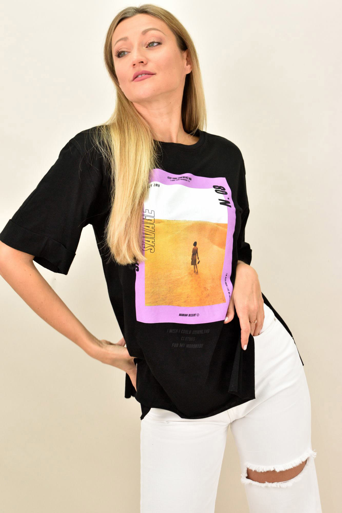 Γυναικεία μπλούζα με τύπωμα oversized Μαύρο 10363