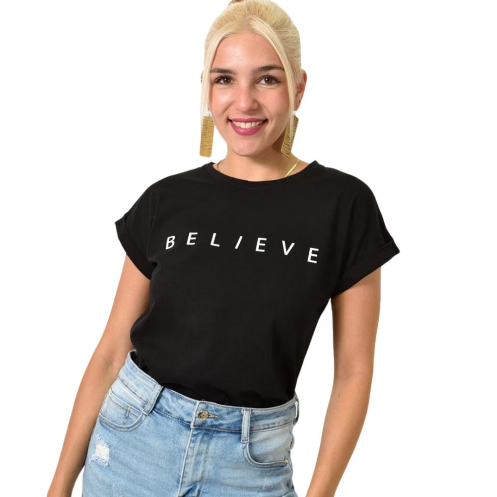 T-shirt με τύπωμα BELIEVE Μαύρο 25599