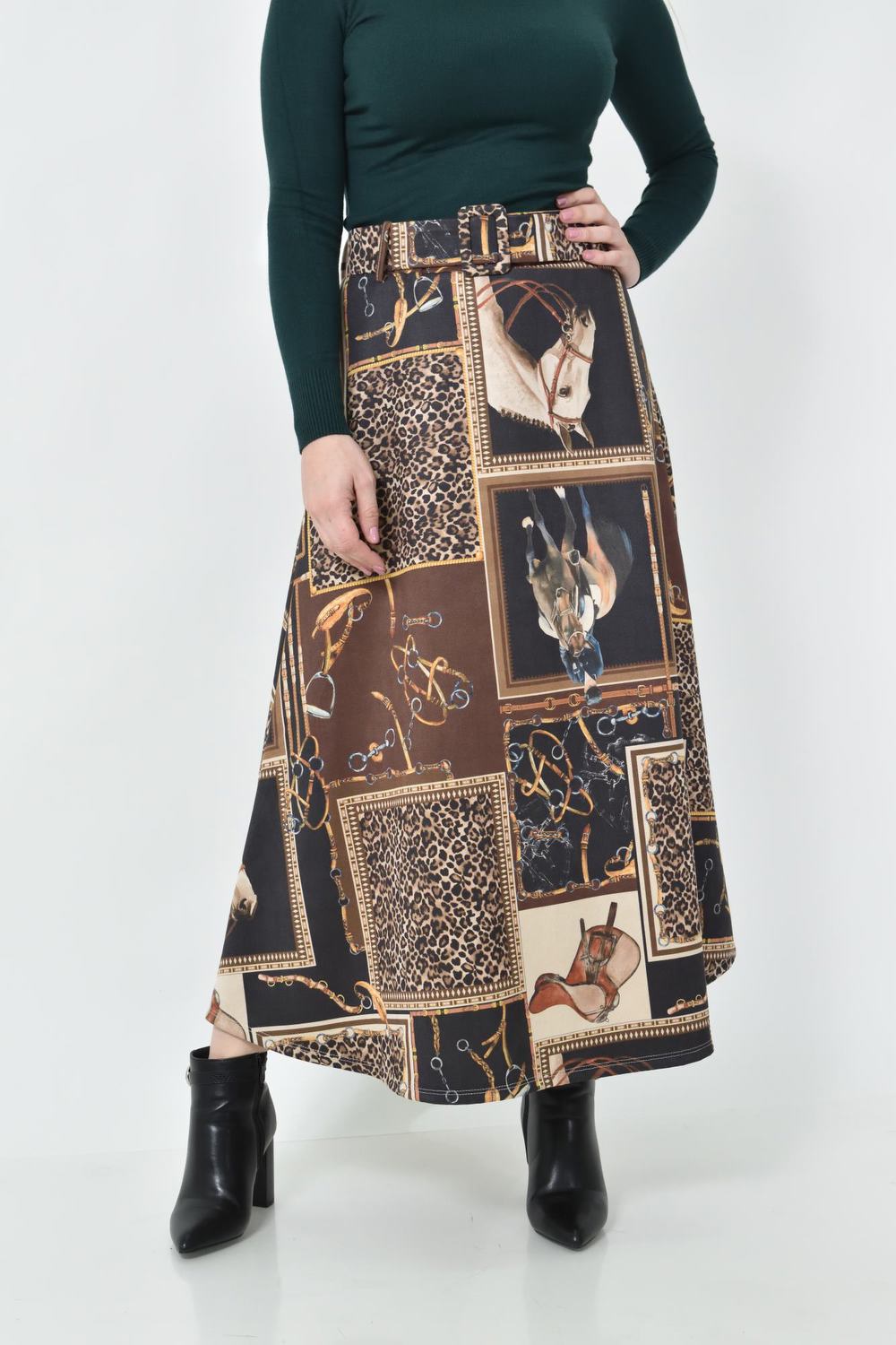 Ψηλόμεση Midi Φούστα Εβαζέ με Ασορτί Ζώνη Μαύρο 27252 φωτογραφία