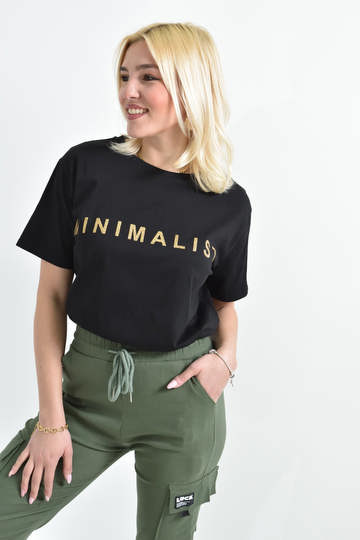  - Γυναικείο T-shirt με χρυσό τύπωμα minimalist σε μαύρο