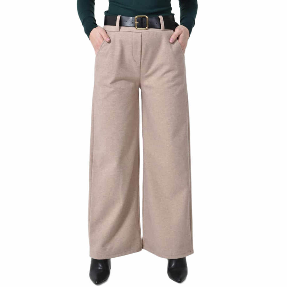 Ψηλόμεση Παντελόνα σε Ίσια Γραμμή με Ζώνη & Λάστιχο Πίσω Μπεζ 27247