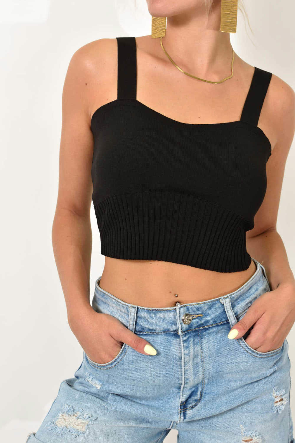 Crop top πλεκτό με τιράντες Μαύρο 25184 φωτογραφία