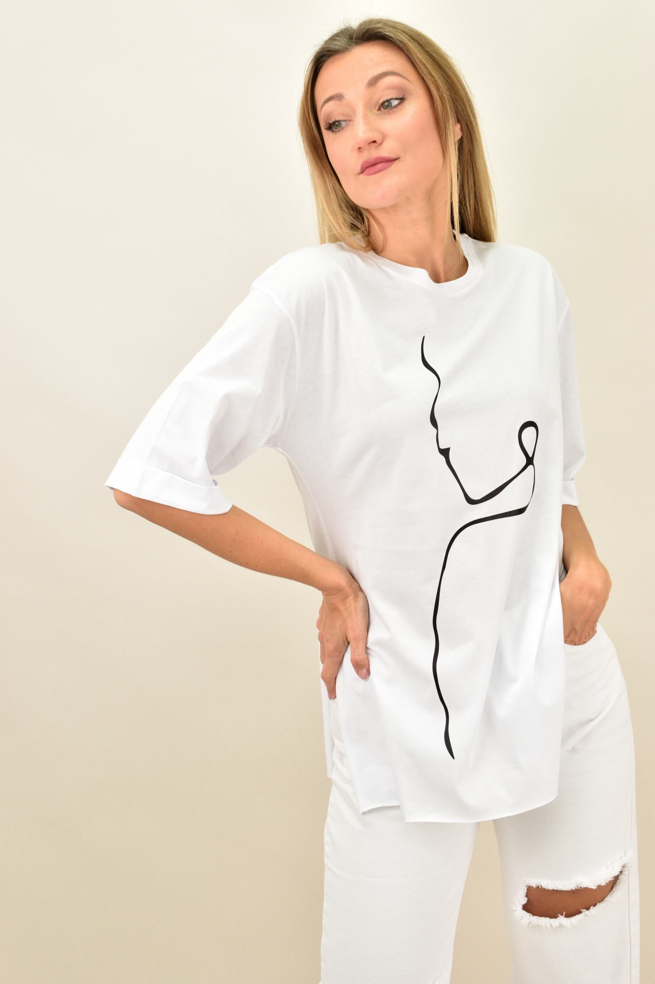 T-shirt με τύπωμα γυναικεία φιγούρα Λευκό 10912