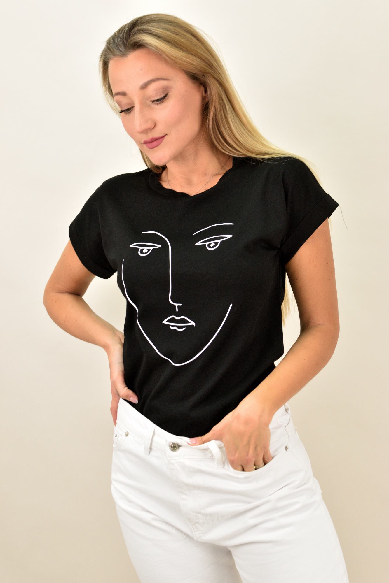 Γυναικείο T-shirt με τύπωμα πρόσωπο Μαύρο 10867