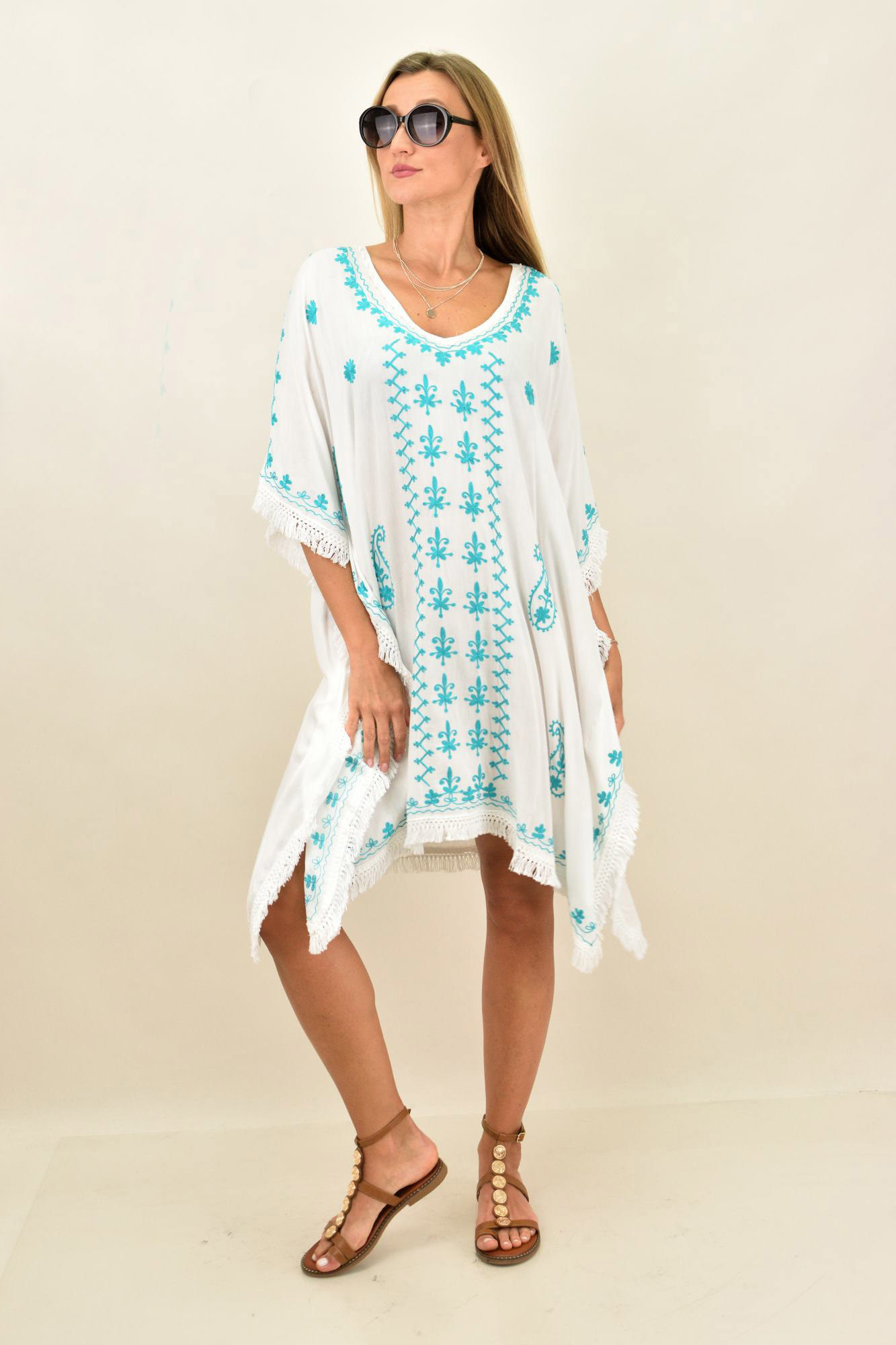 Γυναικείο καφτάνι με σχέδιο κεντητό oversized Γαλάζιο 11144