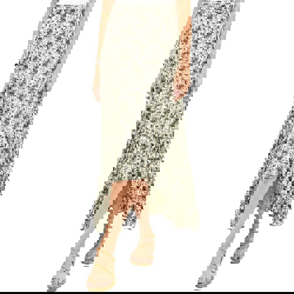 Mάξι φούστα με βολάν και σχέδιο λαχούρια Πράσινο 11970