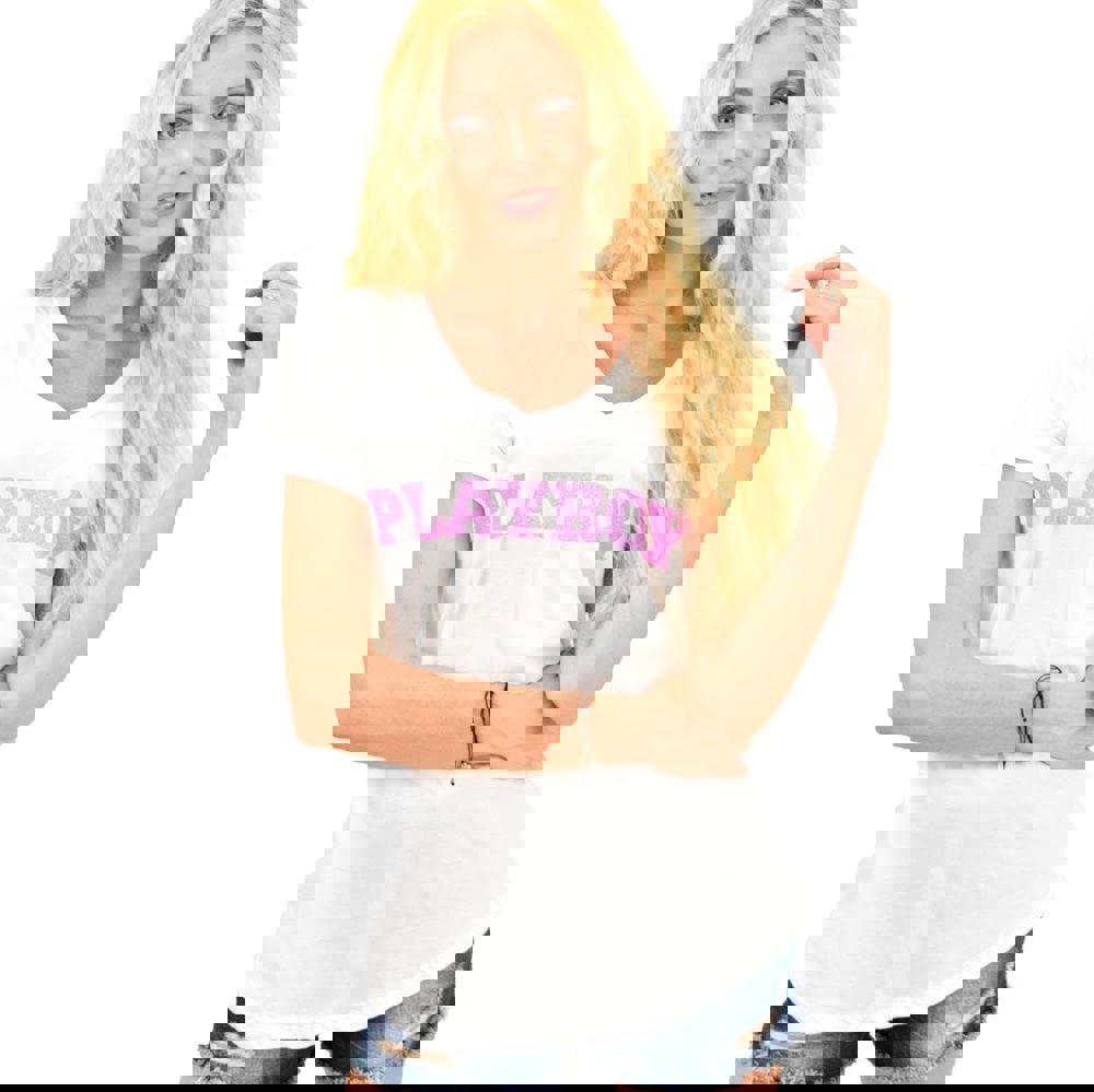 Γυναικεία μπλούζα με V λαιμόκοψη και τύπωμα "PLAYBOY" Λευκό 12101