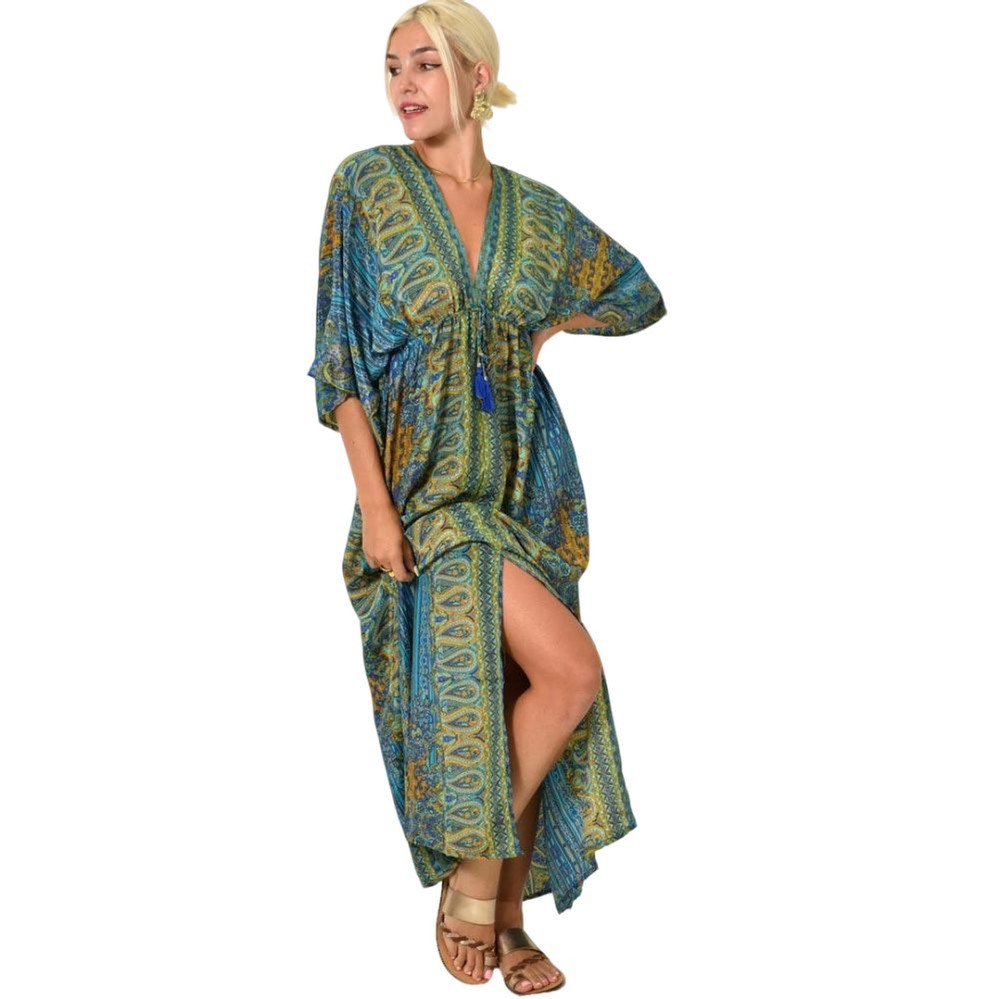 Εντυπωσιακό μακρύ φόρεμα με μοτίβο πέισλεϊ Μουσταρδί 25471