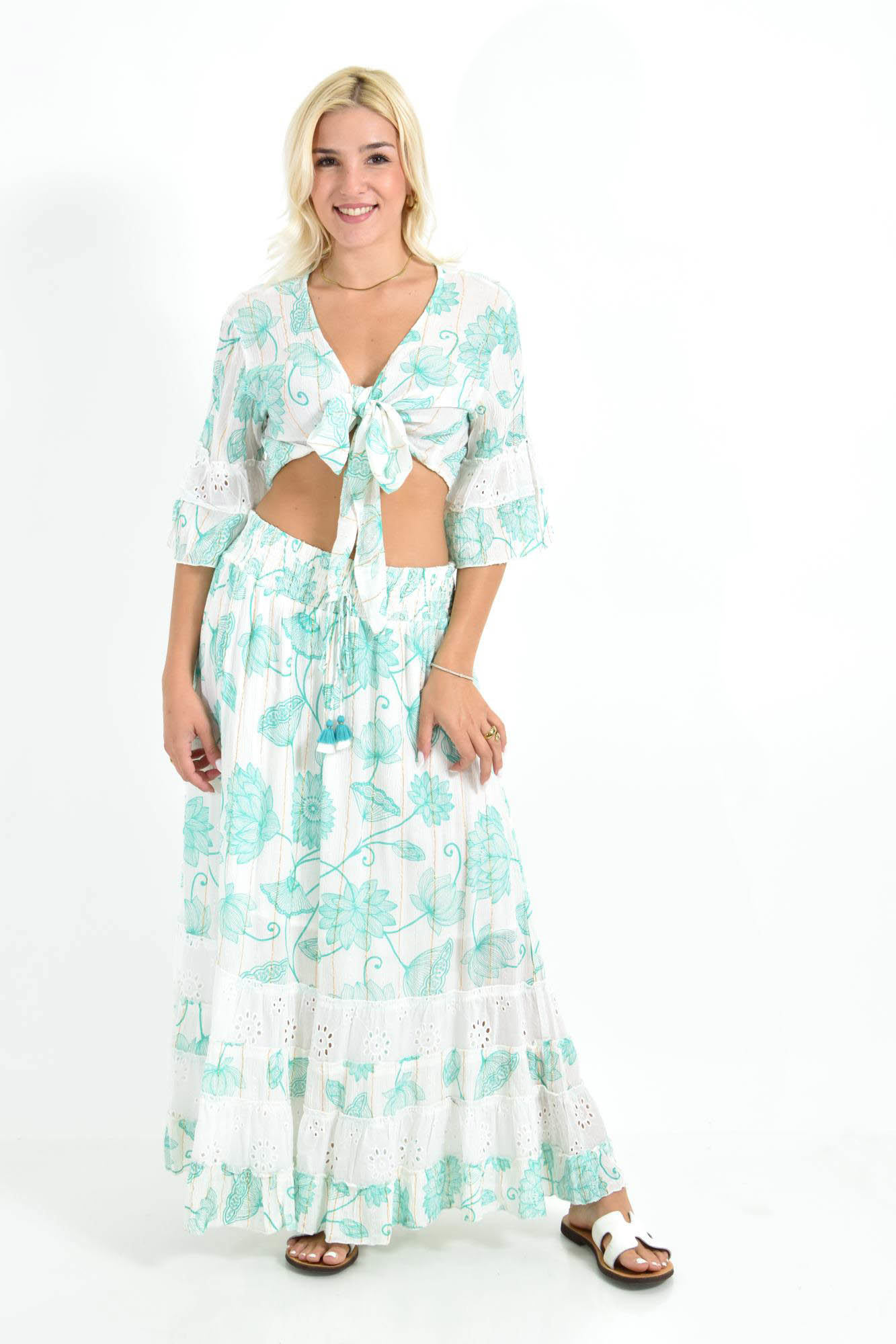 Boho Σετ Crop Top & Φούστα με Τρυπητές Λεπτομέρειες Βεραμάν 26624