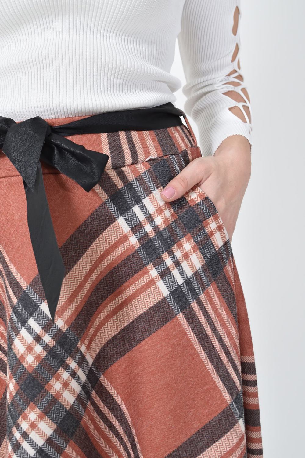Ψηλόμεση Midi Καρό Φούστα με Τσέπες & Ζώνη Κεραμιδί 27221 φωτογραφία