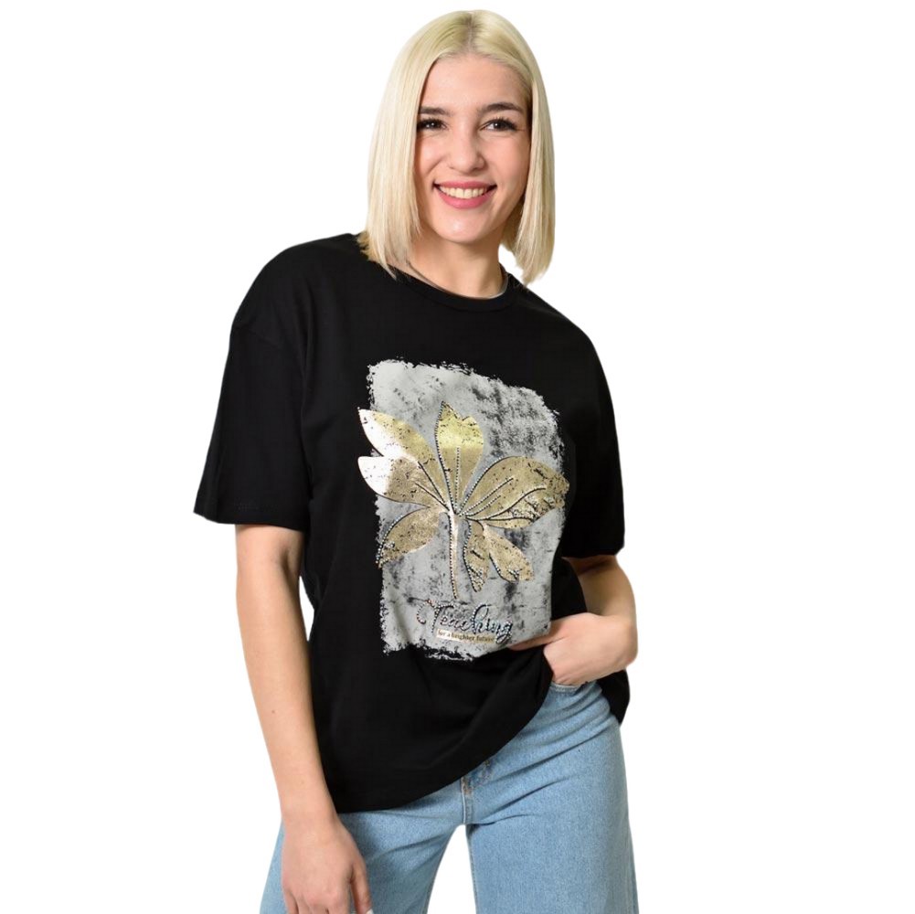 Γυναικείο T-shirt με στρας Μαύρο 23771