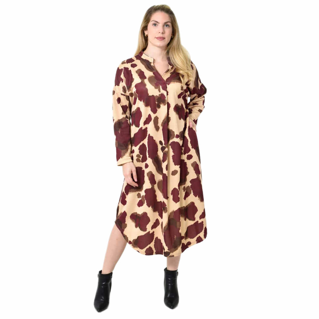 Midi Σεμιζιέ Φόρεμα Abstract Animal Print - Άνετη Γραμμή Μπορντώ 27287