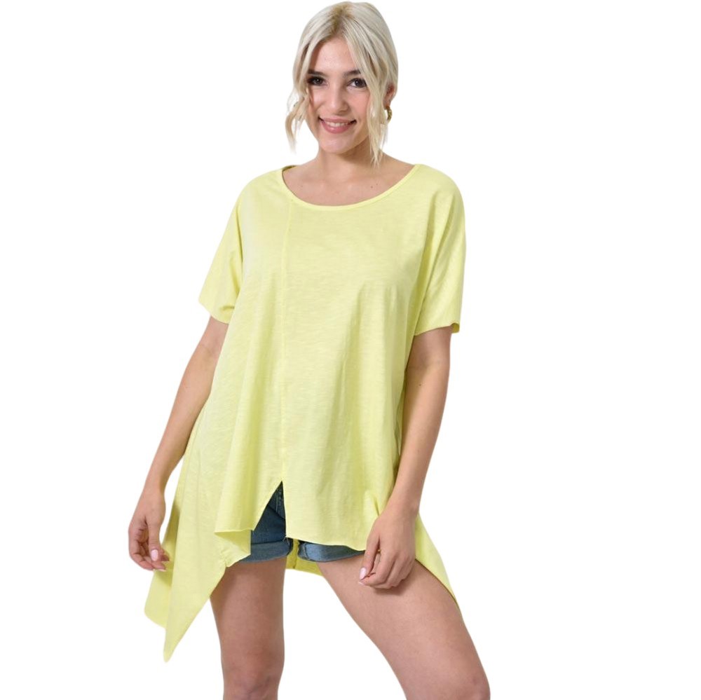 Ασύμμετρο κοντομάνικο μπλουζάκι με εμπρόσθιο άνοιγμα Κίτρινο 24577