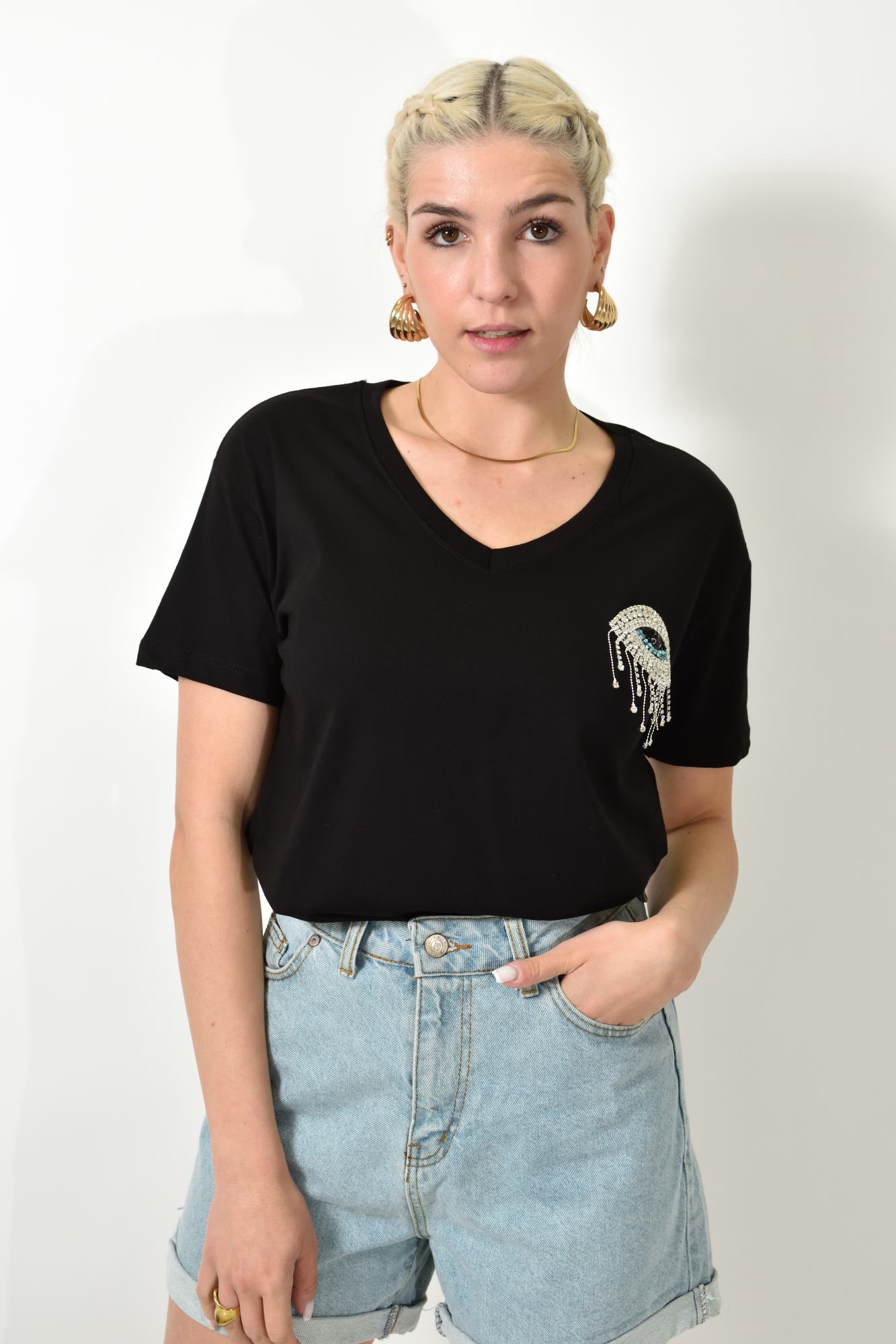 T-shirt με στρας & σχέδιο μάτι Μαύρο 24156