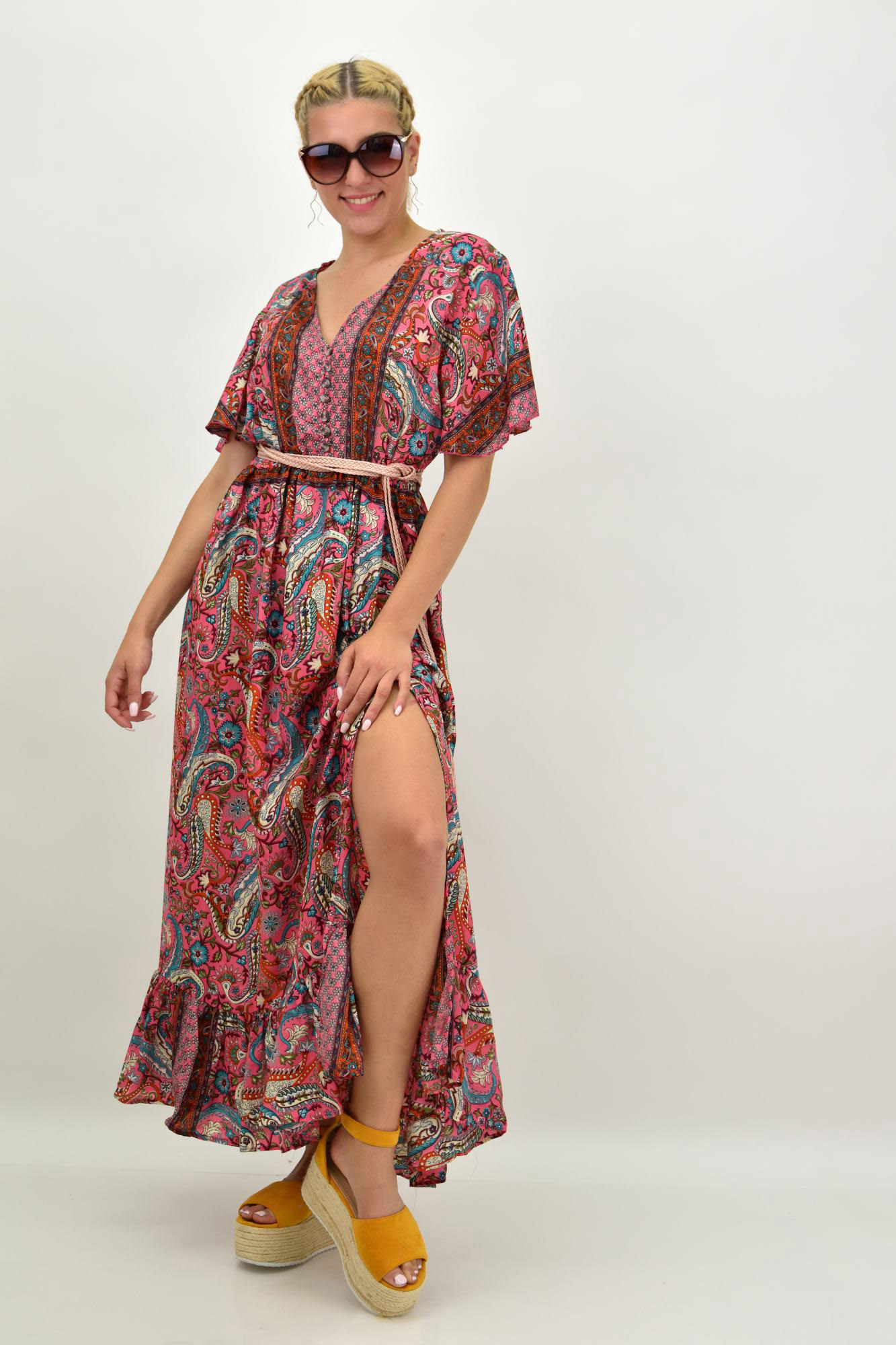 Γυναικείο μεταξωτό boho φόρεμα με κουμπιά χωρίς ζώνη Ροζ 21162
