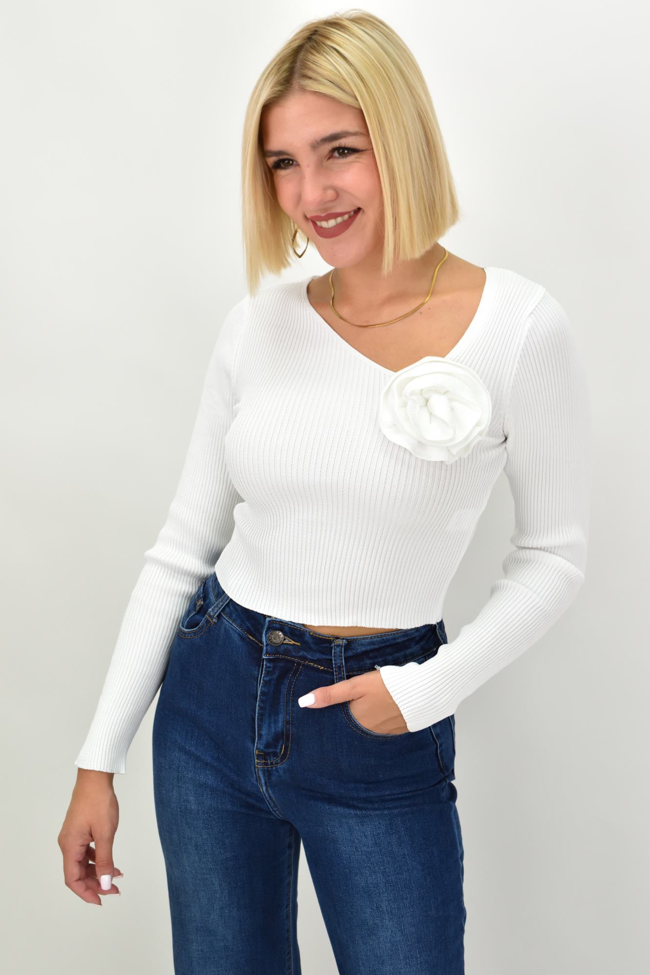 Γυναικείο πλεκτό crop top με σχέδιο λουλούδι Λευκό 21999