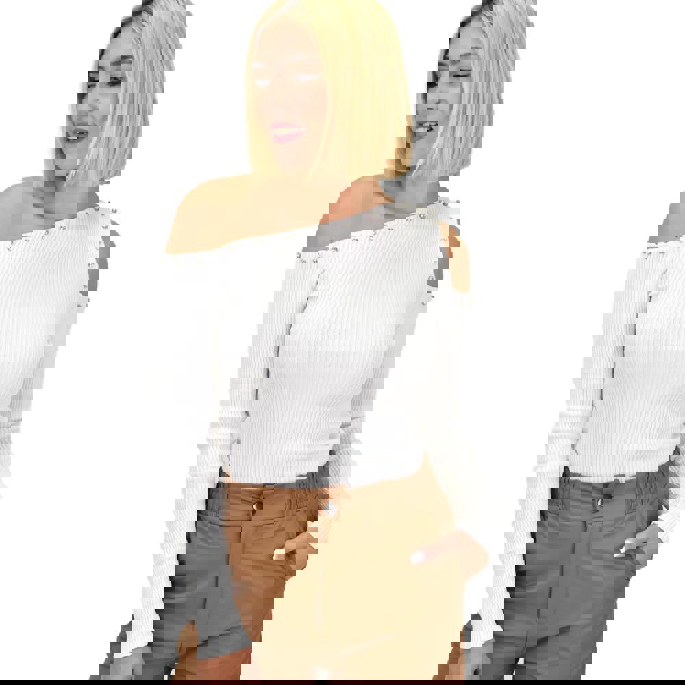 Γυναικείο τοπ με έξω ώμους και στρας Λευκό 22217