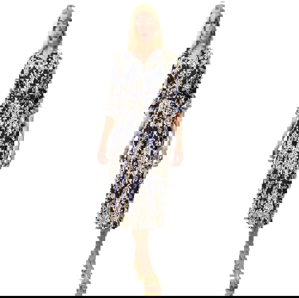 Γυναικείο φόρεμα εμπριμέ με γιακά Μπλε Σκούρο 23706