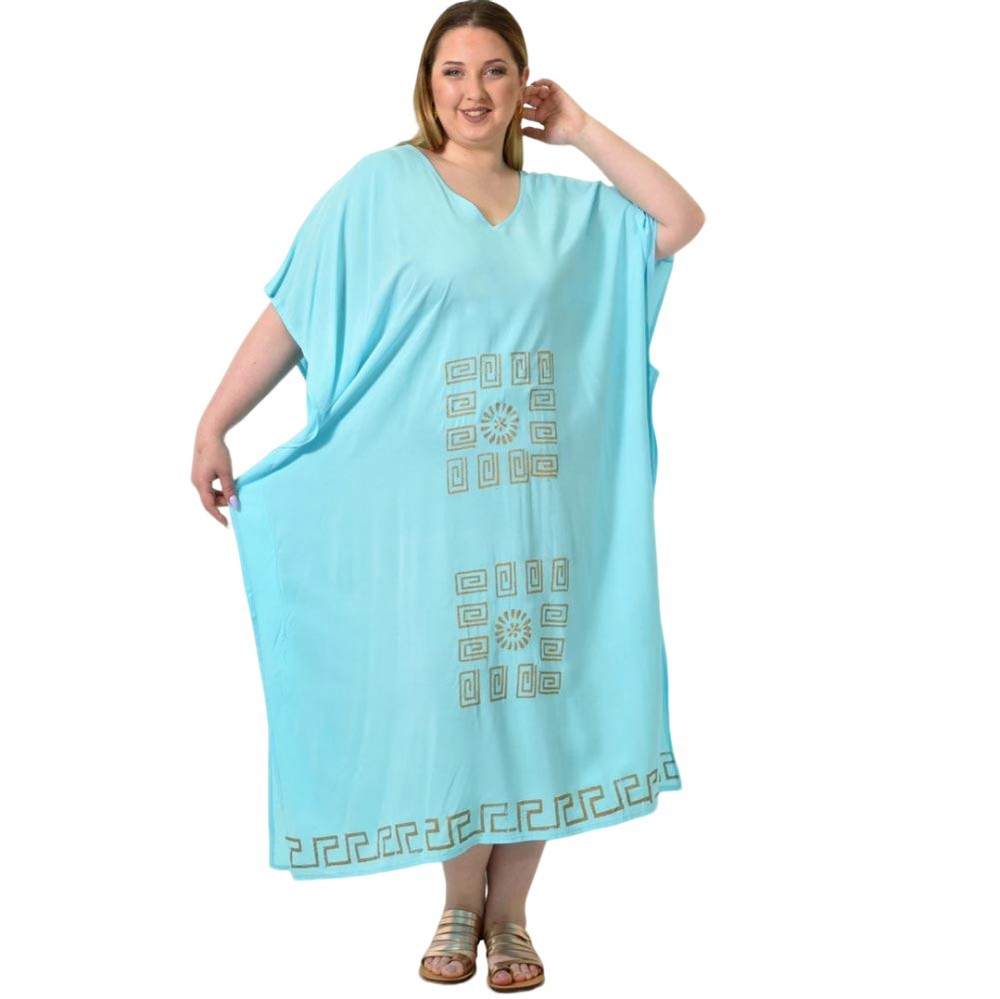 Γυναικείο μονόχρωμο καφτάνι με χρυσό σχέδιο Γαλάζιο 24328