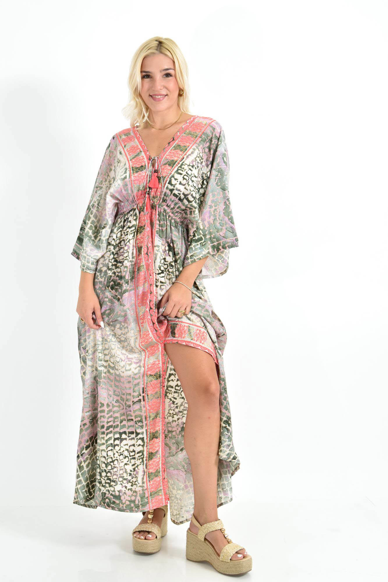 Καφτάνι Μάξι με Animal Print & Φαρδιά Μανίκια Κοραλί 26705