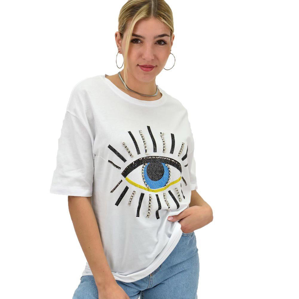 Γυναικείο T-shirt με στρας και σχέδιο μάτι Λευκό 20015
