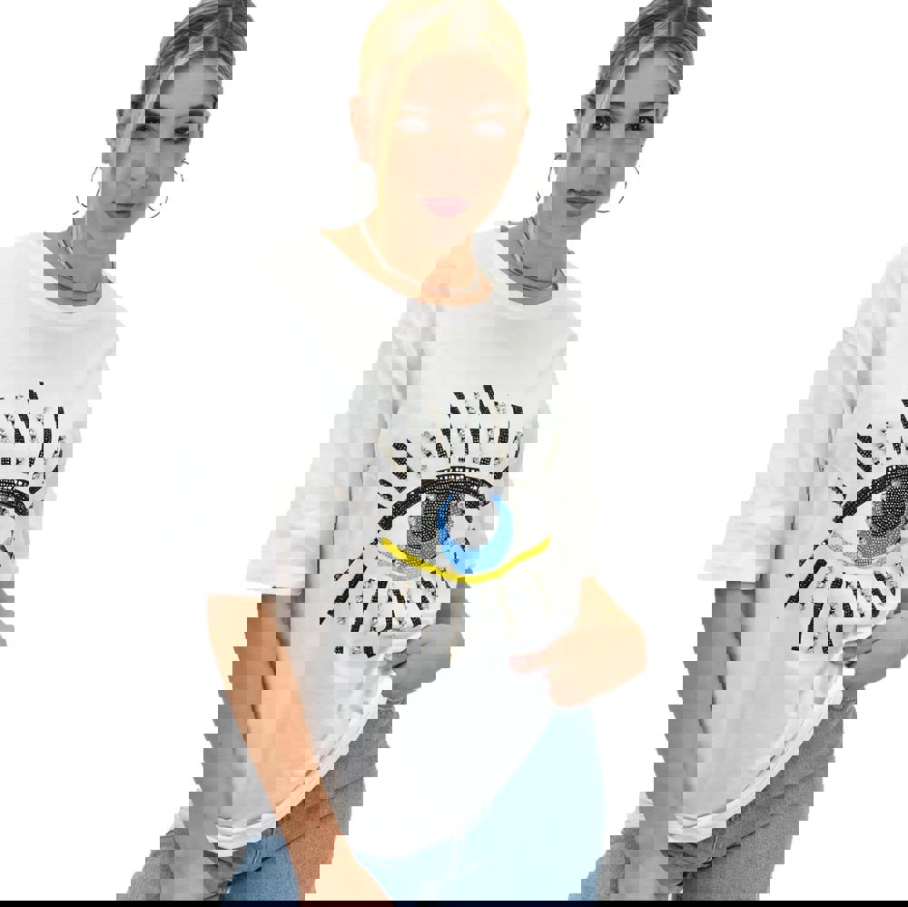 Γυναικείο T-shirt με στρας και σχέδιο μάτι Λευκό 20015