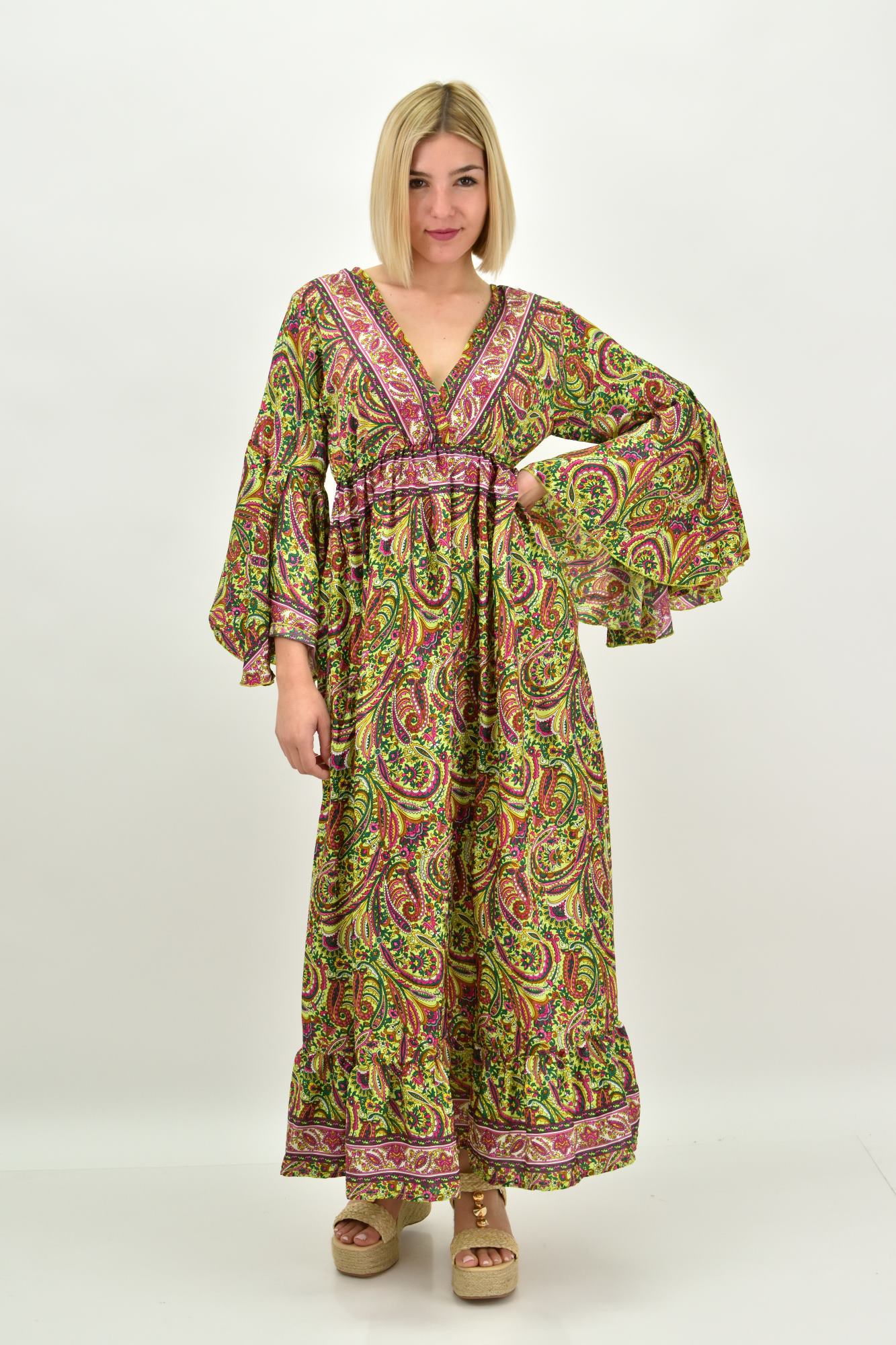 Γυναικείο μεταξωτό boho φόρεμα με τσέπες χωρίς ζώνη Λαχανί 19686