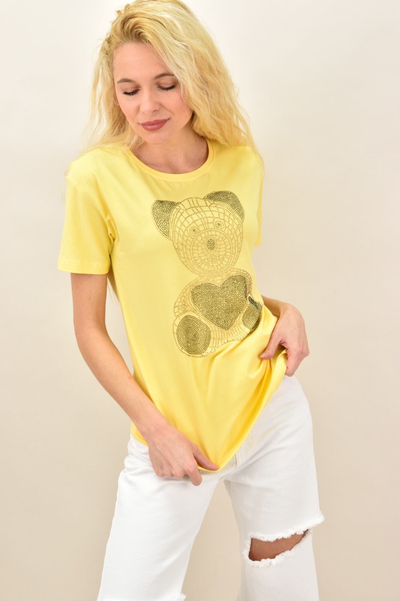 Γυναικείο T-shirt με στρας αρκουδάκι Κίτρινο 13896