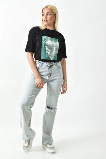  - Γυναικείο T-shirt με μεταλιζέ στάμπα σε μαύρο