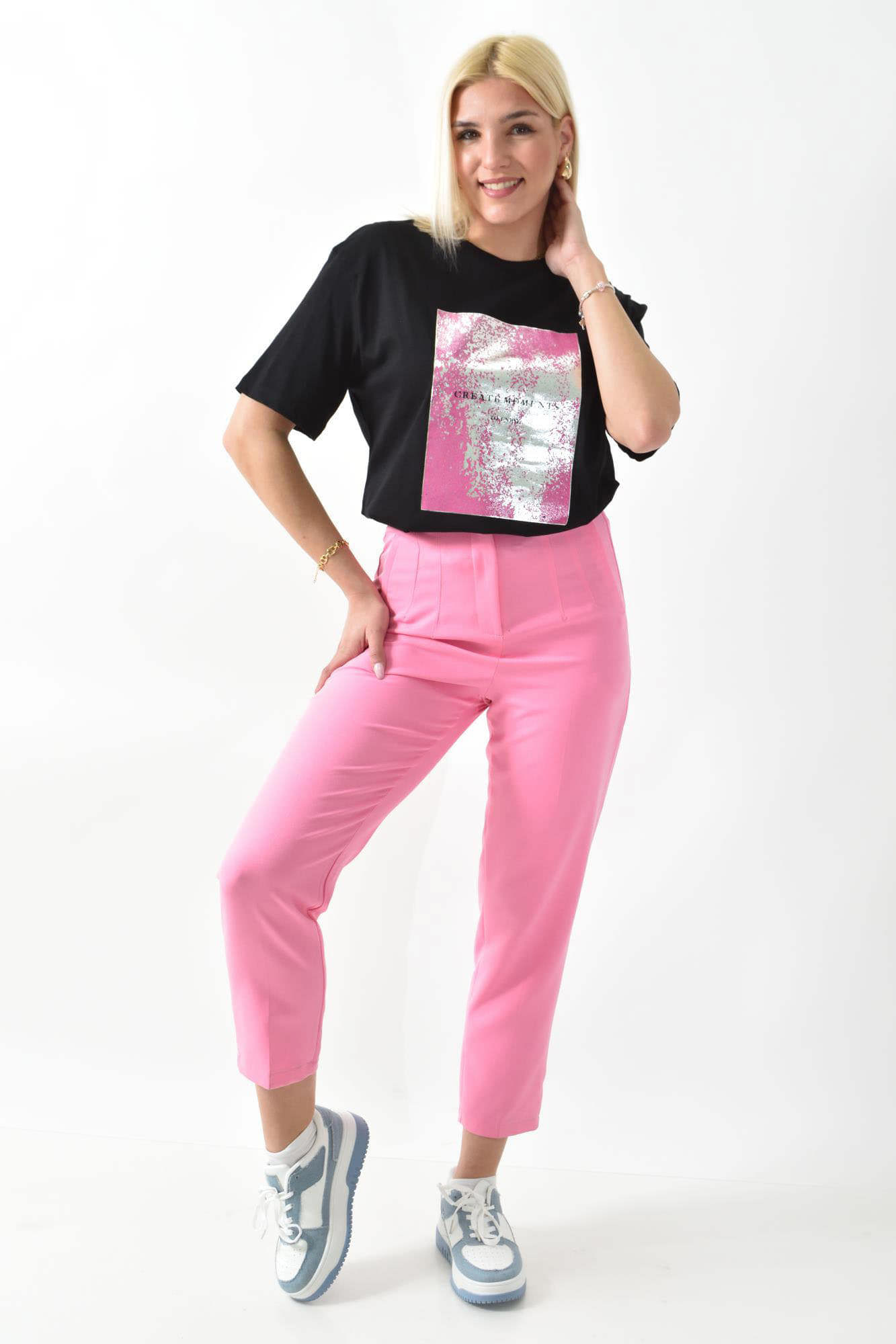 Γυναικείο T-shirt με μεταλιζέ σχέδιο Μαύρο 26272