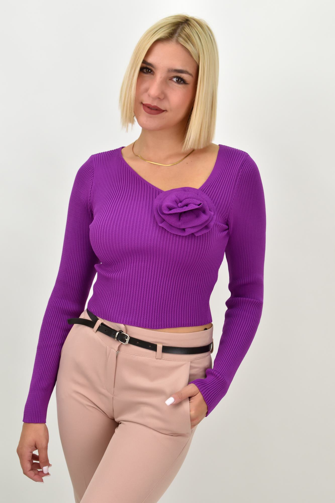 Γυναικείο πλεκτό crop top με σχέδιο λουλούδι Ματζέντα 21982