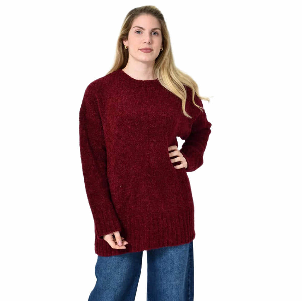 Oversized Πλεκτή Μπλούζα με Στρογγυλή Λαιμόκοψη & Ριμπ Λεπτομέρειες Μπορντώ 27306