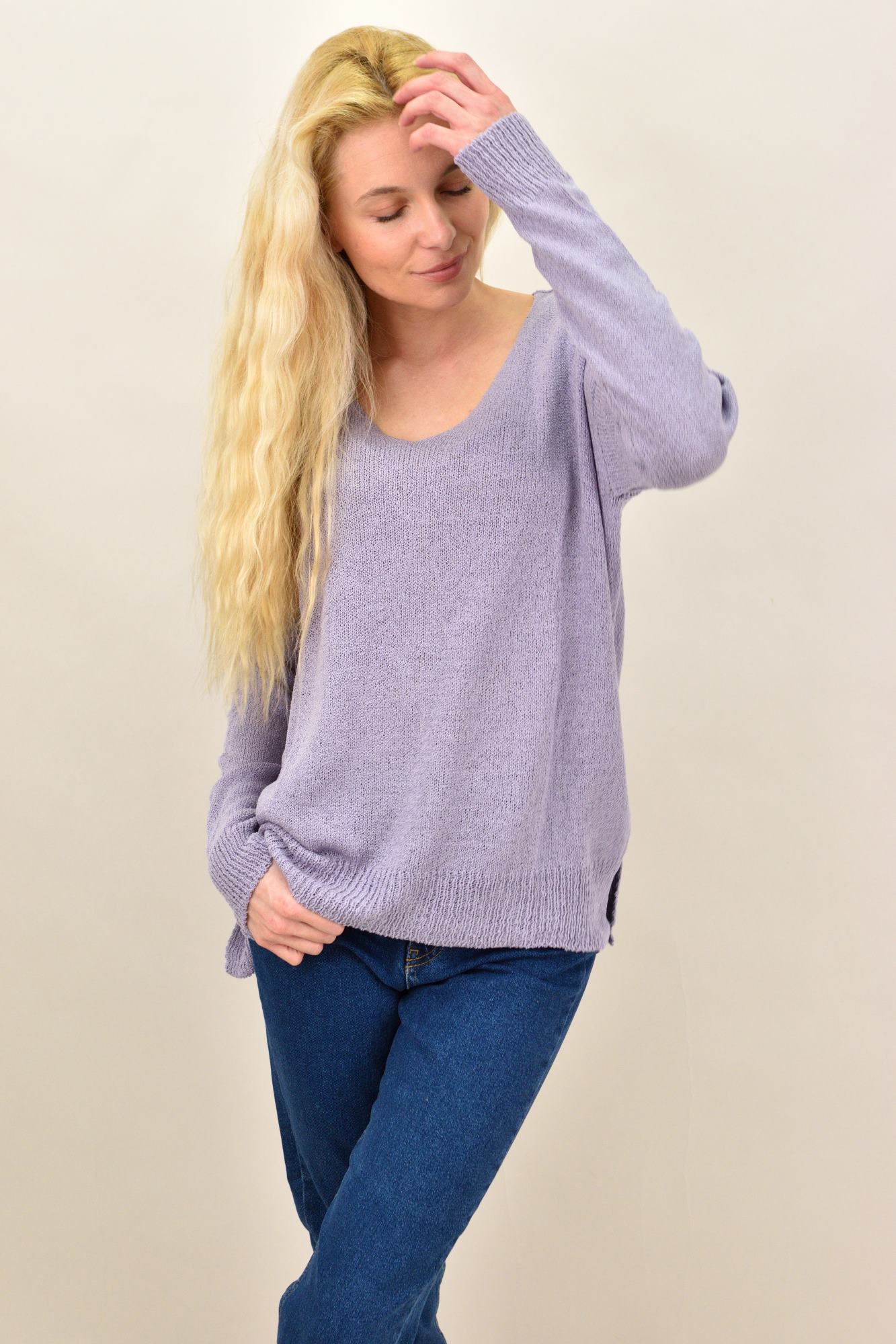 Πλεκτή μακρυμάνικη oversized μπλούζα Λιλά 14167