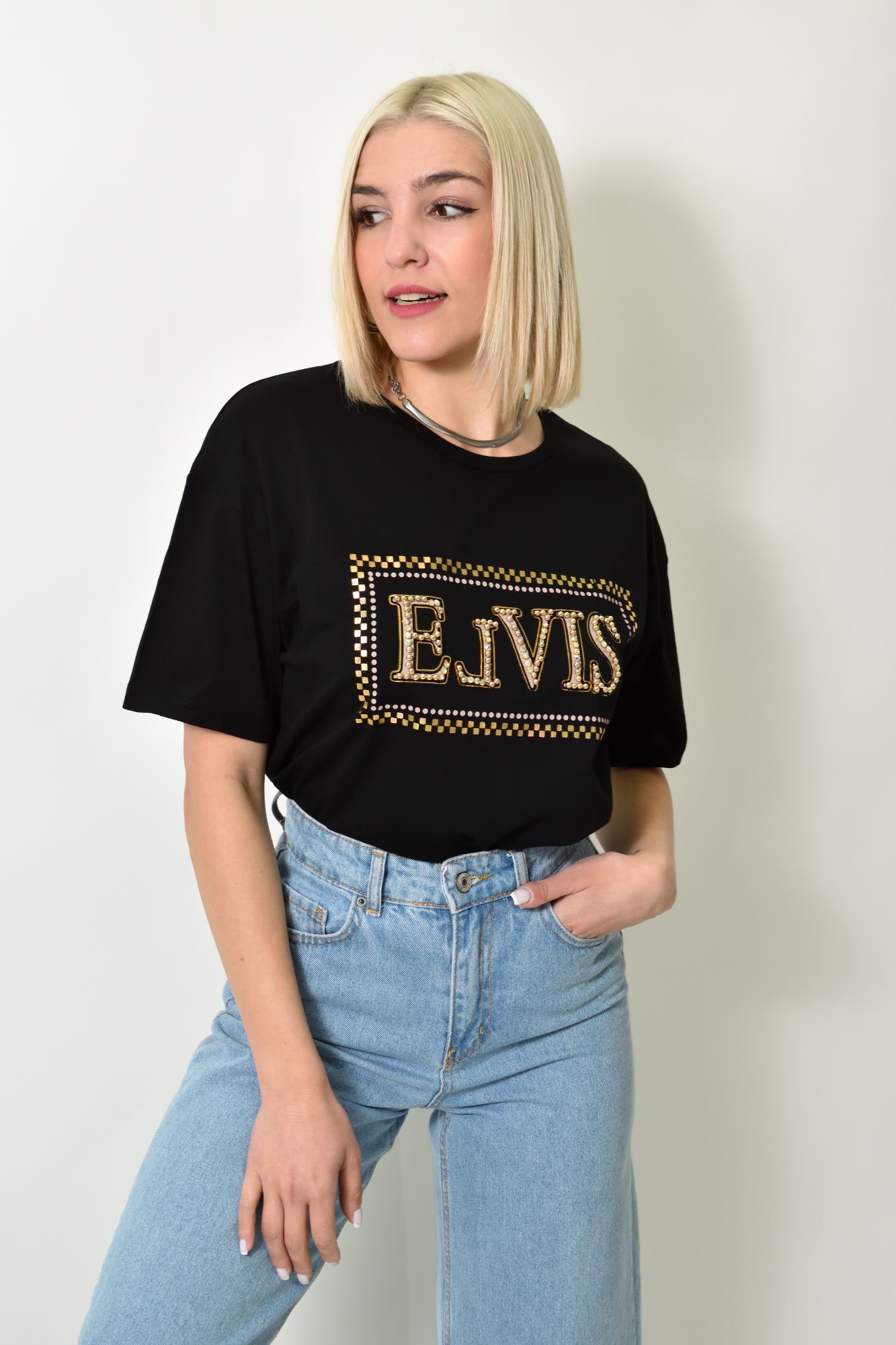 Γυναικείο T-shirt με στρας Μαύρο 23773