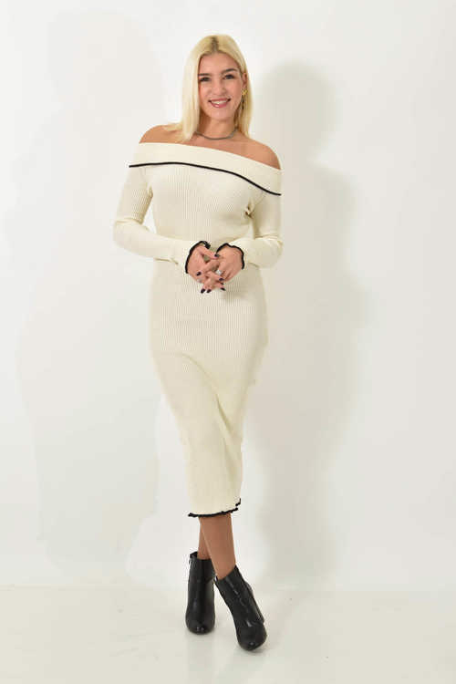 Μίντι φόρεμα στράπλες με ρέλι σε αντίθεση εκρού